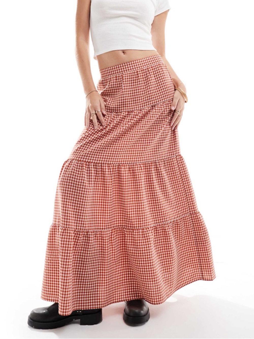ASOS Miss Selfridge tiered maxi gingham skirt in rust